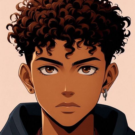 Anime Afro Hair, Black Male Anime Characters, Black Anime Characters Male, Dark Skin Anime Characters, Anime Afro, Afro Hair Drawing, Anime Curly Hair, Black Boy Hairstyles, Fb Profile Photo