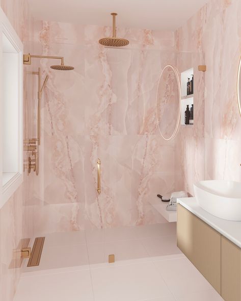 💕 This or That 💕 We are in love with the versatility of our Emporio Pink Onyx porcelain tiles! Which do you prefer— bath tub surround or shower wall? Let us know in the comments! Pink And Gold Marble Bathroom, Pink Granite Bathroom, Pink Porcelain Bathroom, Classy Pink Bathroom, Rose Marble Bathroom, Pink Marble Tile Bathroom, Bathroom Pink Marble, Bathroom Tiles Pink, Pink Quartz Bathroom