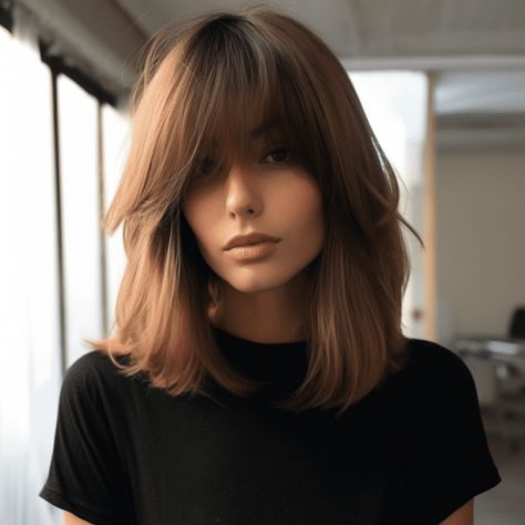 Short Layers with Long Curtain Bangs Lob Curtain Bangs Layers Straight, Long Bob With Fringes, Long Bob With Long Fringe, Dark Lob With Bangs, Short Hair With Bottleneck Bangs, Medium Length Brown Hair Balayage Curtain Bangs, Long Bob Bangs Hairstyles, Long Fringe Hairstyles Medium Lengths, Shoulder Length Hair With Fringe Bangs