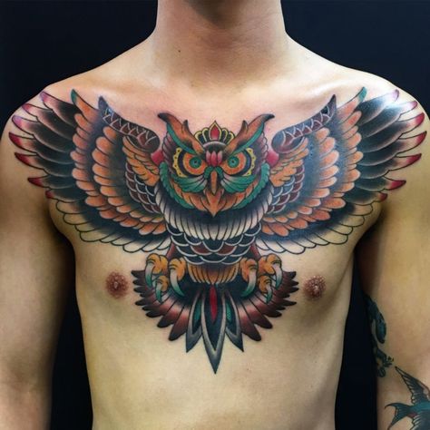 Neo Traditional Chest Tattoo, Owl Neck Tattoo, Owl Tattoo Chest, Traditional Chest Tattoo, Traditional Owl Tattoos, Eagle Chest Tattoo, Tattoo Owl, Traditional Chest, Backpiece Tattoo