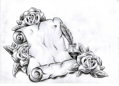 Roses and scroll tattoo Gates Of Heaven Tattoo, Scroll Tattoos, Tattoo Banner, Catrina Tattoo, Heaven Tattoos, Butterfly Tattoos For Women, Roses Tattoo, Tattoo Templates, Skeleton Hand Tattoo