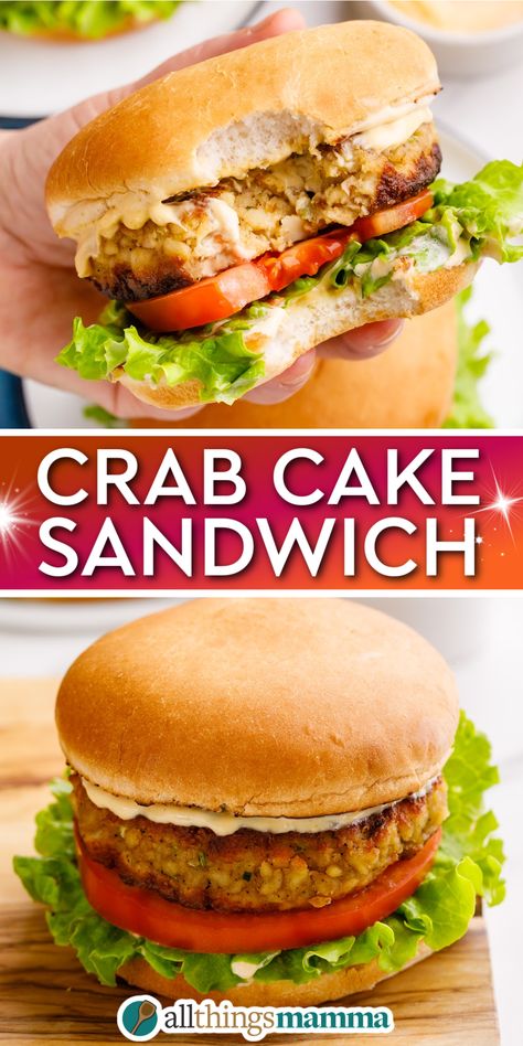 collage image of Crab Cake Sandwich. Crab Cakes Sandwich, Crab Cake Burger, Crab Cake Sandwich Recipe, Cake Sandwich Recipe, Crab Sandwich Recipe, Fish Burger Recipe, Crab Cake Burgers, Crispy Crab Cakes, Cake Sandwiches