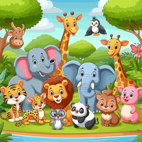 Pricing plans | Freepik Safari Cartoon Animals, Animals Illustration Art, Zoo Animals Illustration, Safari Animal Illustration, Cute Jungle Animals Illustration, Cartoon Art Cute Animal, Jungle Art For Kids, Cute Animals Background, Jungle Animals Illustration