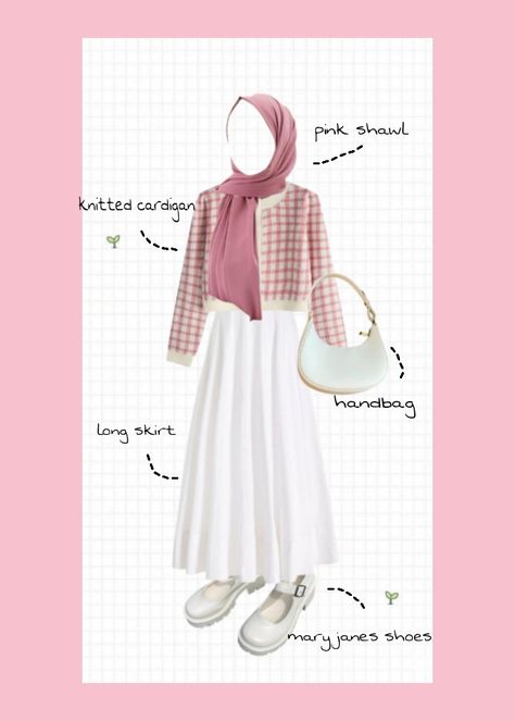 outfit ideas Soft Pink Outfit Hijab, Outfit Ideas For Hijabis, Halal Outfits, Ootd Cardigan, Pink Outfit Ideas, Pink Hijab, Pink Shawl, Outfit Cardigan, Long Skirt Outfits