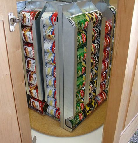 How to build a simple canned food dispenser | The Owner-Builder Network Kitchen Corner Cupboard, Corner Pantry Cabinet, Diy Lazy Susan, Canned Food Storage, Corner Pantry, Kitchen Storage Space, Creative Storage Solutions, Can Storage, Kitchen Pantry Cabinets