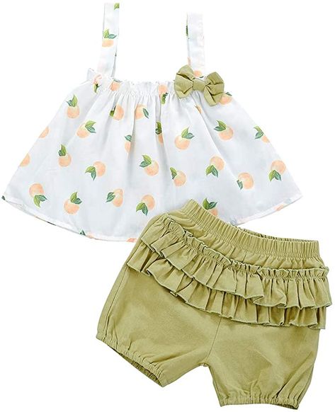 bilison Toddler Baby Girl Summer Outfits Strap Sleeveless Fruit Ruffle Dress Top+Pleated Short Pants 2Pcs Clothes Set: Clothing Kids Frocks Design, Kids Dress Wear, Baby Dress Design, Baby Dress Patterns, Baby Clothes Patterns, Baby Frocks Designs