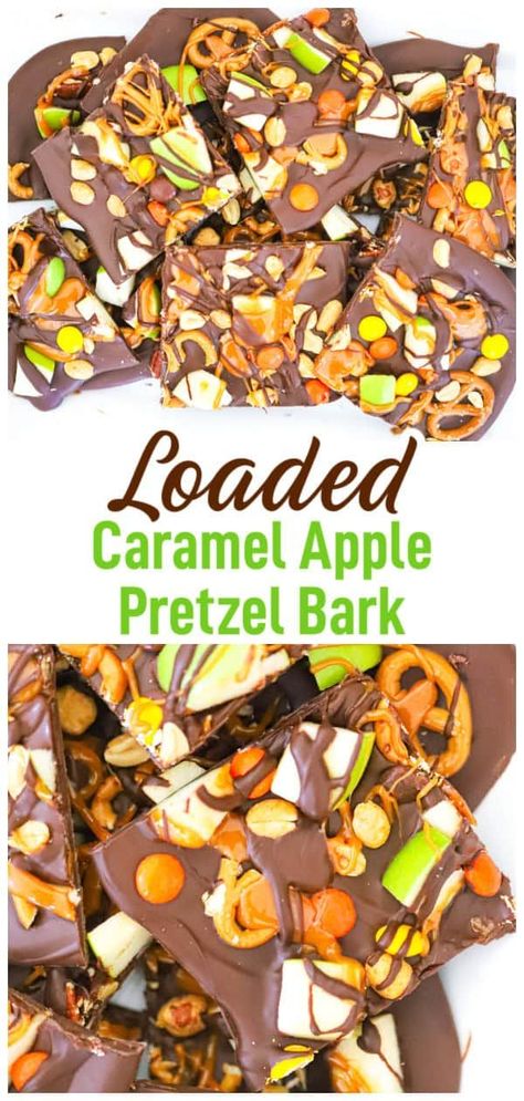 Create the perfect fall treat with this Loaded Caramel Apple Pretzel Bark! Combining layers of velvety caramel, tart green apple chunks, salty pretzels, and a sprinkle of peanuts, this no-bake bark is easy to make and incredibly delicious. Whether you're craving a quick snack or need a festive candy idea for fall parties, this caramel apple bark is guaranteed to be a hit! Perfect for fans of pretzel bark, salted caramel pretzel bark, and green apple pretzel bark! Apple Bark Recipe, Square Pretzel Treats, Fall Pretzels, Pretzel Cracker Bark, Chocolate Pretzel Bark, Apple Bark, Chocolate Covered Pretzel, Thanksgiving Bark, Fall Festival Bake Sale Ideas