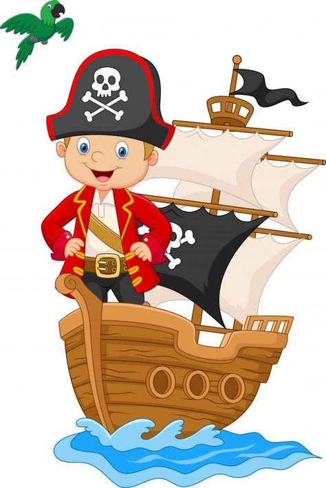 Pequeño pirata de dibujos animados en su barco Vector Premium | Free Vector #Freepik #vector #freepersonas #freecaracter #freedibujos-animados #freemar Pirate Illustration, Pirate Pictures, Ocean Theme Classroom, Boat Illustration, Pirate Boats, Baby Birthday Invitations, Pirate Kids, Scrapbook Boys, Theme Tattoo