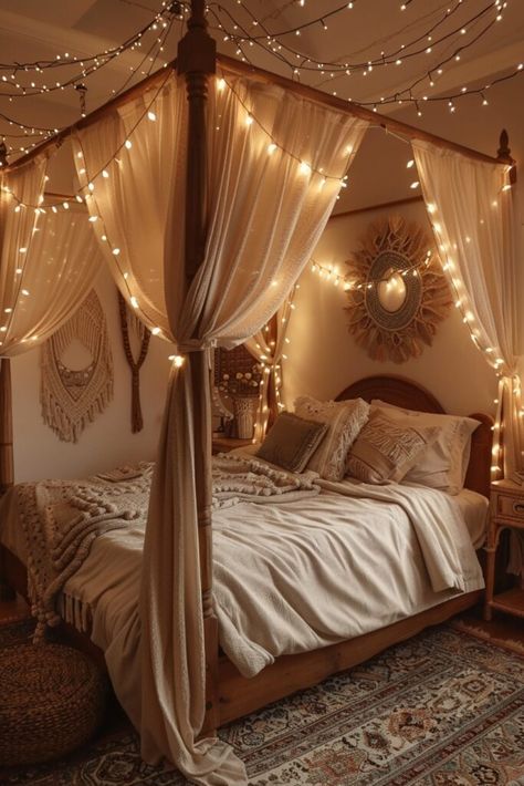 Ethereal Drapes Bedroom Fairy Lights, Maximalist Bedroom Ideas, Modern Canopy Bed, Wooden Canopy Bed, Maximalist Bedroom, Bed Drapes, Metal Canopy Bed, Canopy Bed Diy, Canopy Bed Curtains