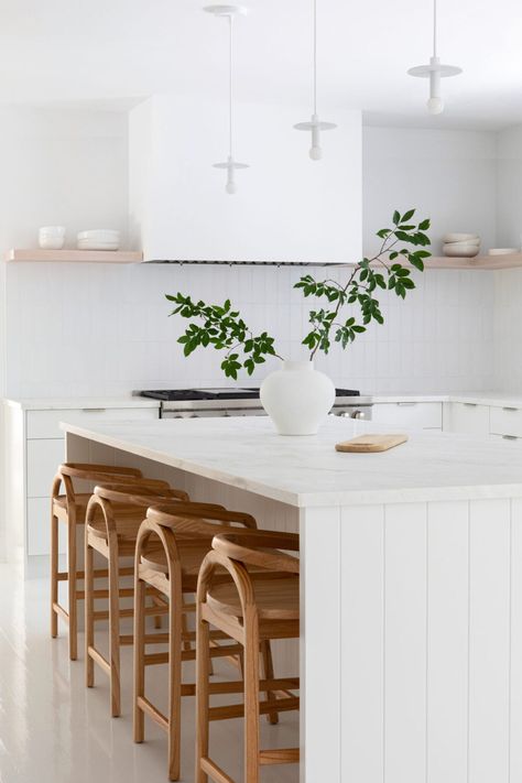 Modern Kitchen Counter Stools, White Wood Kitchen, White Wood Kitchens, Hampton Home, The Shade Store, Island Stools, Modern Counter Stools, Wood Counter Stools, Wood Kitchen Island