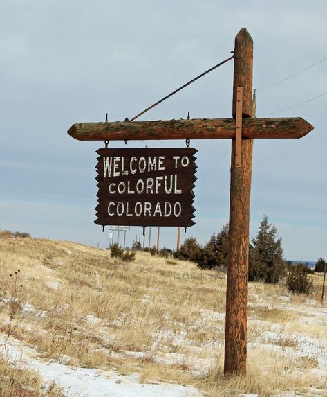 Signage welcoming those traveling from north to Colorado from New Mexico. Photo by: Jeffrey Beall Colorado Cowboy Aesthetic, Welcome To Colorado Sign, Fort Collins Colorado Aesthetic, Colorado Vision Board, Colorado Mountains Aesthetic, Colorado Lodge, Colorado Sign, Alamosa Colorado, Colorado Aesthetic