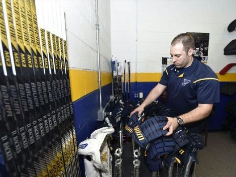 Behind the Scenes with Blues Assistant Equipment Manager - http://thehockeywriters.com/behind-the-scenes-with-blues-assistant-equipment-manager/ Hockey Equipment Manager, Blue Gloves, St Louis Blues, Behind The Scene, Hockey Equipment, College Sports, Ready To Play, Happy Love, The Scene