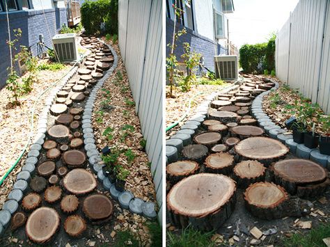 How to make a recycled wood slice garden pathway. Easy and gorgeous! Rectangular Pavers, Preschool Environments, Wood Pathway, Diy Pathway, Stepping Stone Walkways, Pathway Ideas, Wood Walkway, Wood Path, Garden Pavers