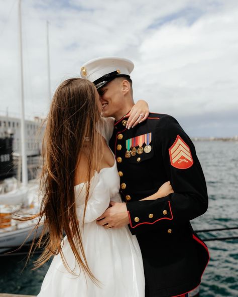 my favorite part about photographing this sweet elopement was watching tourists at the harbor take pictures of Chloe & Caedon because it felt like they were witnessing a scene out of the movie Purple Hearts in real life! I mean, the dress blues, her dress, are you kidding?! A classic San Diego military love story 🇺🇸🥹🫶🏼 • • #militarycouple #campendletonphotographer #homecomingphotographer #sandiegomilitary #socalweddingphotographer #socalengagement #socalwedding #socalproposal #socalcouplesp... Marine Photoshoot, Marine Girlfriend Pictures, Marine Husband, Coast Guard Wedding, Marine Corps Wedding, Marine Photography, Military Guys, Marine Girlfriend, Army Wedding