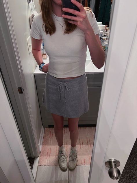 spring fit idea sweat skirt outfit inspo Skirts And Crewnecks, Sporty White Skirt With Relaxed Fit, Nike White Summer Skirt, Sweat Skirt Outfits, Sweatahirt And Long Skirt, Brandy Melville Izzy Skirt, Black Sweats, Spring Fits, Tshirt Outfits