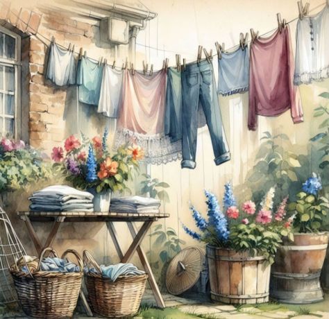 Clothesline Watercolor Painting, Shabby Chic Artwork, Mirror Decor Living Room, Fabric Crafts Diy, Make Beauty, Watercolor Paintings Tutorials, Urban Sketchers, Color Pencil Drawing, Clothes Line