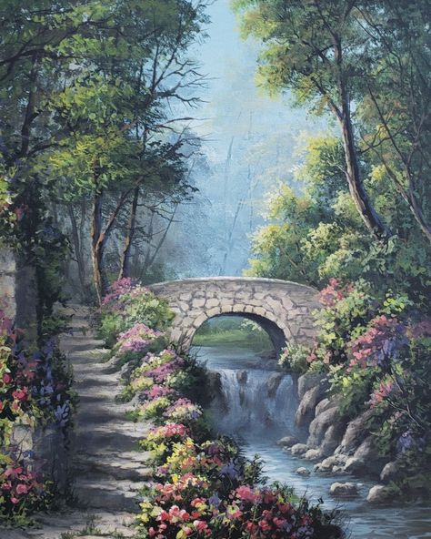 Easy Aesthetic Landscape Painting, Nature Beauty Painting, Beautiful Landscapes To Draw, Bridge Oil Painting, Flower Bushes Drawing, Things To Paint On A Large Canvas, Bridge Landscape Painting, Detailed Landscape Painting, Flower Bushes Painting