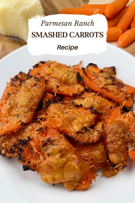 Crispy smashed carrots on a plate with a block of Parmesan cheese and whole carrots in the background. Carrots And Parmesan, Keto Carrots Low Carb, Keto Roasted Carrots, Baked Carrot Chips Recipes, Carrot Chips Oven, Carrot Keto Recipe, Crunchy Parmesan Carrots, Carrot Crisps Recipe, Crispy Smashed Parmesan Ranch Carrots