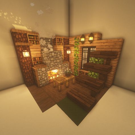 ˖⁺ ☁⋆ ୭ 🕊.⋆｡⋆༶⋆˙⊹ Minecraft Tiny House Interior, Inside Of House Minecraft, Minecraft Building Ideas Living Room, Small Minecraft Builds Inside, Small Cozy Minecraft House, Minecraft Mini House Interior, Minecraft Small Enchantment Room, Minecraft Small Library Ideas, Room Designs Minecraft