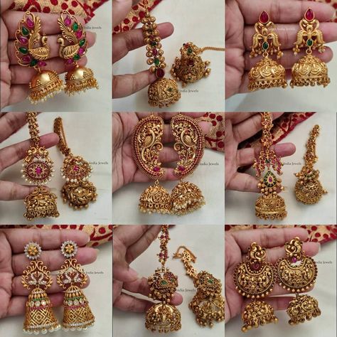 Stunning Jhumkas Collection ~ South India Jewels Jumkas Antiques Gold, South Indian Jhumka, Small Earrings Diamonds, Jimikki Kammal, Antique Jhumkas, One Gram Gold Jewellery, Temple Jewellery Earrings, Antique Gold Earrings, Unique Bangle