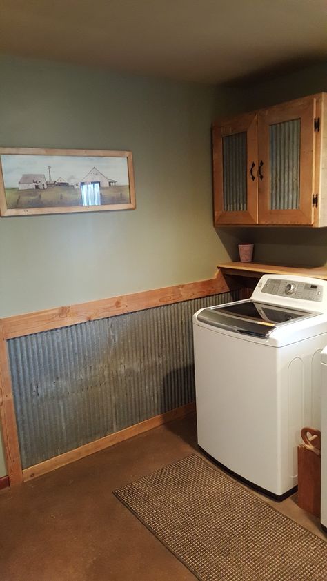 Barn wood tin wainscoating and cupboard Rustic Laundry Room, Laundry Room Decor Ideas, Rustic Laundry, Wainscoting Ideas, Rustic Laundry Rooms, Laundry Room Remodel, Laundry Room Diy, Rustic Bathrooms, Laundry Mud Room