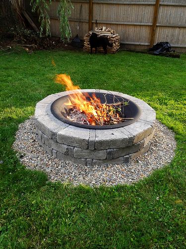 Basic Fire Pit, Simple Firepits, Fire Pit Surround Ideas, Fire Pit With Gravel Surround, Temporary Fire Pit, Fire Pit With Bricks, Stone Skirt, Build A Fire Pit, Outdoor Firepits