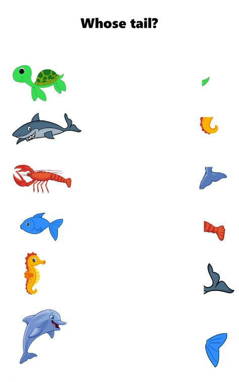 Whose tail - Interactive worksheet Craft Sea Animals, Sea Animals Worksheets For Kids, Summer Activities For Toddlers, Prewriting Skills, Shape Activities Preschool, Preschool Christmas Activities, English Teaching Materials, Animal Worksheets, Animal Tails