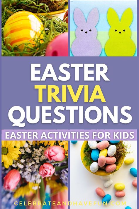 easter peeps, easter eggs and jelly beans with easter trivia questions heading Easter Trivia Questions And Answers, Diy Easter Games, Easter Trivia, Trivia For Kids, Trivia Questions For Kids, Holiday Facts, Questions For Kids, Kids Questions, Easter Activities For Kids