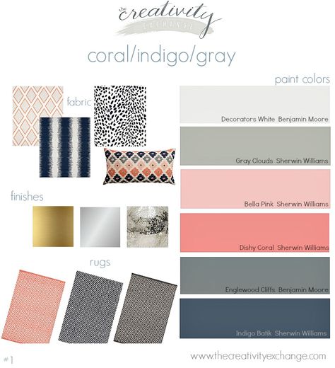 Room inspiration with paint colors.  Coral, navy and gray.  Moody Monday on The Creativity Exchange Coral Navy Blue And Gray Living Room, The Creativity Exchange, Decorators White Benjamin Moore, Coral Bedroom, House Shutters, Grey And Coral, Coral Navy, Bedroom Orange, Coral Design