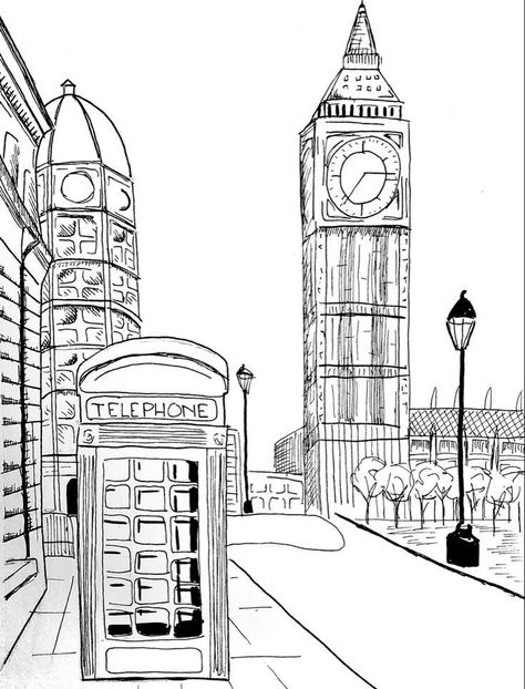 London Telephone Booth Drawing, Art City Drawing, City Architecture Drawing, Simple City Drawings, City Pen Drawing, Drawing Of London, London Sketch Draw, London Aesthetic Drawing, London Drawing Easy