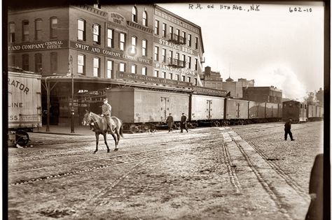 Cow Tunnels Under 12th Avenue%0AIf you think traffic is bad in New York today, just imagine what it was like getting stuck on 12th Avenue thanks to a herd of cows crossing the street. Long before Chelsea and the Meatpacking District were cleaned up, the area became so overrun with cows heading to the slaughterhouses that it was necessary to come up with a solution to keep them out of the way. Though cow tunnels are often believed to be an urban legend, it’s been proven that they existed at 34th Railroad Images, New York Central Railroad, Meat Packing, Nyc History, Meatpacking District, New York Central, Ny City, High Line, Vintage New York