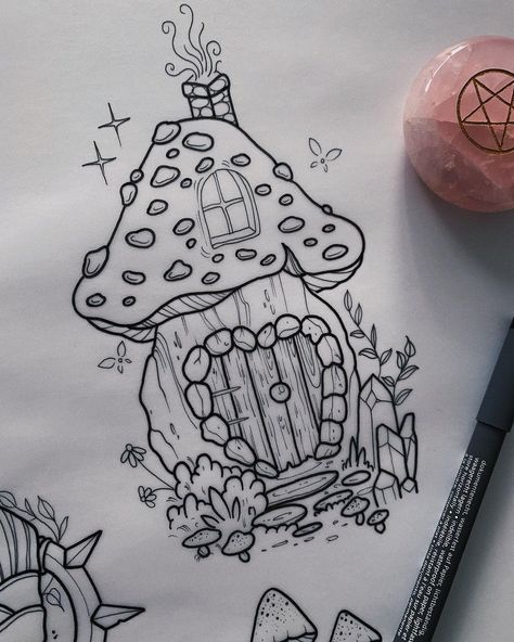 Stephanie on Instagram: “Mushroom house id like to tattoo 🍄 stephanietattooer@gmail.com to book” Mother Earth Drawing, Whimsical Art Drawings, Cottagecore Tattoo, Nature Tattoo Ideas, Gothic Tattoos, Whimsical Tattoos, House Tattoo, Cool Nature, Hip Thigh Tattoos