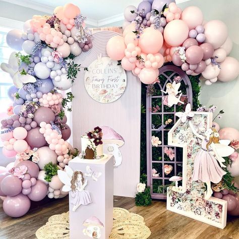 Fairies First Birthday Party, Fairy First Balloon Garland, Fairy Birthday Backdrop Ideas, Decoration For First Birthday Girl, Fairy Birthday Balloon Arch, Fairy First Birthday Balloons, Fairytale 1st Birthday Party, Fairy First Birthday Balloon Arch, First Birthday Girl Fairy Theme