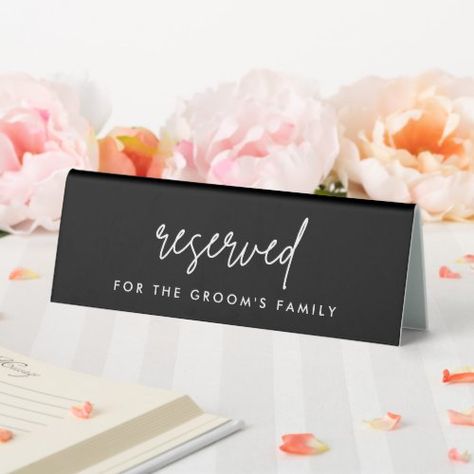 $7.68 | Modern Black Reserved Groom's Family Wedding #weddingtablesigns #minimalistwedding #modernweddingsigns #reservedfor #reservedtable #reservedtablesign #receptiontablesign #reservedwedding #groomsfamily #blackwedding Reserved Table Signs, Open Bar Sign, Wedding Table Signs, Signing Table Wedding, Table Tents, Tabletop Signs, Calligraphy Wedding, Family Table, Wedding Table Decorations