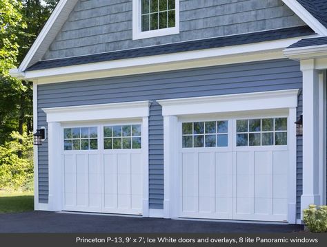 Princeton P-13, 9' x 7', Ice White doors and overlays, 8 lite Panoramic windows Craftsman Style Garage Doors, Garage Door Trim, White Garage Doors, Craftsman Garage Door, Single Garage Door, Craftsman Garage, Garage Plans Detached, Garage Door Windows, Carriage House Garage