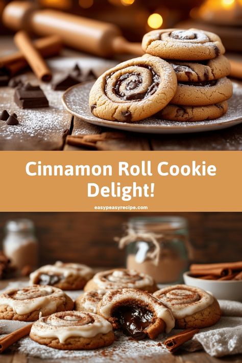 Plate of cinnamon roll cookies with chocolate drizzle and powdered sugar, with baking ingredients in the background. Pumpkin Spice Roll Cookies, Cookies Cinnamon Roll, Recess Cookies, Cinnamon Roll Cookies Recipe, Girls Hangout, 2024 Cookies, Cake Pastries, Crumble Cookie, Fall Cookie Recipes