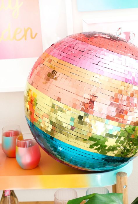 Rainbow Disco Ball Bachelorette Party Planner, Bachelorette Party Decoration, Mamma Mia Party, Bach Party Ideas, Bachelorette Party Game, Disco Bachelorette, Last Disco, Rainbow Diy, Bachelorette Party Dress