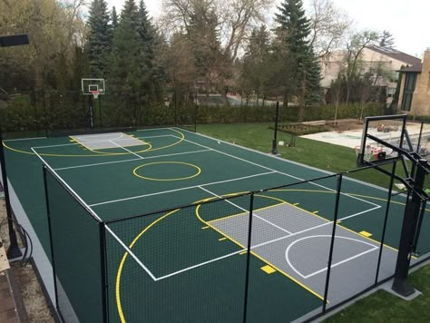 Full Court Basketball Backyard, Private Basketball Court Home, Basketball Tennis Court Combo, Tennis And Basketball Court, Basketball Court House, Outdoor Basketball Court Aesthetic, Basketball Court Outside, Sport Court Backyard Ideas, Backyard Tennis Court