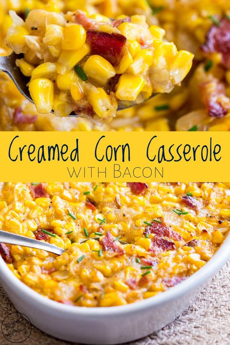 This Baked Creamed Corn Casserole with Bacon is a little different to the standard corn casserole; this version doesn't have any flour in it, making it naturally gluten free, plus it uses creamed corn to make a delicious creamy sauce without the need for cream or butter. So really this is a healthy option, well if you discount the crispy bacon that is generous stirred through and sprinkled on top. Such an easy make ahead side dish perfect for Thanksgiving. #thanksgivingsidedish #creamedcorn Corn Casserole With Bacon, Baked Creamed Corn, Baked Creamed Corn Casserole, Creamed Corn Casserole, Thanksgiving Recipes Side Dishes Easy, Casserole With Bacon, Creamy Corn Casserole, Easy Corn Casserole, Corn Recipes Side Dishes