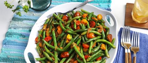 Green Beans with Cherry Tomatoes by Kardea Brown Green Beans With Cherry Tomatoes, Cherry Tomatoes Recipe, Kardea Brown, Cherry Tomato Recipes, Brown Recipe, Tomatoes Recipe, Vidalia Onions, Fresh Green Beans, Vegetarian Paleo