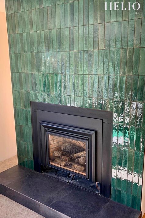 Fireplace With Green Tile, Green Tiled Fireplace, Vertical Tile Fireplace, Green Vertical Tile, Tiled Fireplace Wall Modern, Tiled Fireplace Wall, Vertical Tile, Tile Design Ideas, Inset Stoves