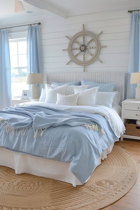 Coastal Comforter Sets, Beach Aesthetic Bedrooms, Coastal Bed Sheets, Beach Bed Rooms, Girly Coastal Bedroom, Coastal House Bedroom, Southern Coastal Bedroom, Beach Theme Bedroom Ideas Coastal Style, Greece Room Aesthetic