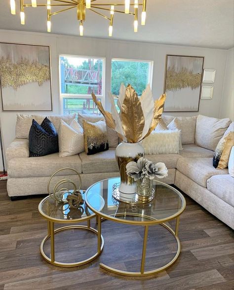 Brown Gold White Living Room, Grey Gold And Brown Living Room, Living Room Inspo Cream Couch, Tan And Gold Living Room, Cream And Gold Living Room Ideas, Marble And Gold Living Room, Brown And Gold Living Room Ideas, Cream Couch Decor, Tan Living Rooms