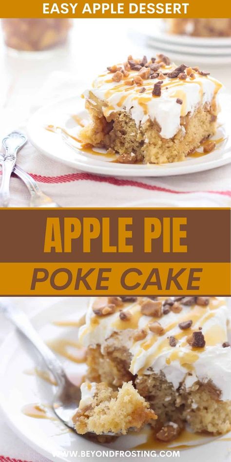 This cozy caramel apple poke cake is swirled with cinnamon, soaked with caramel, and then topped with apple pie filling and whipped cream! Carmel Apple Pie Poke Cake, Carmel Apple Pie Filling Recipe, Cinnamon Poke Cake, Apple Carmel Cake, Caramel Apple Poke Cake Recipe, Caramel Apple Poke Cake, Cinnamon Roll Poke Cake, Apple Poke Cake, Toffee Bites