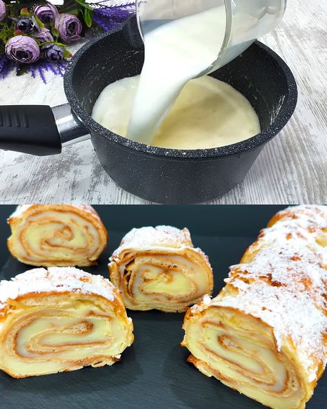 Creamy Custard Cake Roll Recipe - Greenku Recipes Fluffy Cake, Cake Roll Recipes, Custard Cake, Homemade Pastries, Custard Filling, Vanilla Custard, Hungarian Recipes, Cake Roll, Rolls Recipe