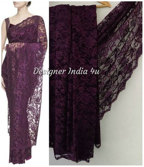 Dark Purple Saree, Purple Saree Blouse, Chantilly Lace Saree, Lace Saree Blouse, Shimmer Saree, Saree Bluse, Unique Saree, Blouse Indian, New Saree Designs