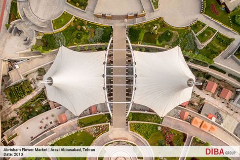 Two membrane cones which form part of this structure cover an area of about 2000 square meters above this market. Tent Structure Architecture, Tensile Membrane, House Canopy, Skylight Covering, Thesis Ideas, Constructivism Architecture, Recreational Area, Membrane Structure, Residential Tower