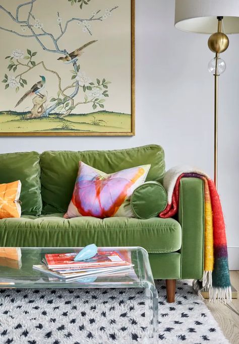 Wall Behind Sofa, Green Sofa Living, Lucite Coffee Table, Green Couch Living Room, Gold Couch, Green Bedroom Ideas, Sofa Couch Design, Small Sectional, Small Sectional Sofa