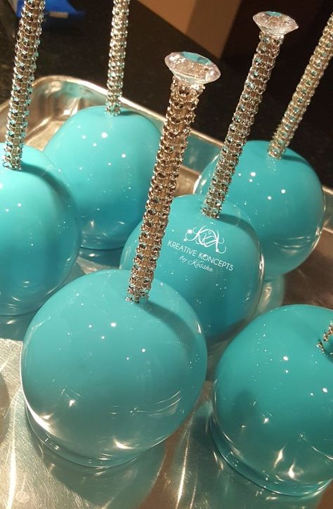 Turquoise Treat Table, Caramel Apples Ideas, Tiffany Birthday Party Ideas, Tiffany Birthday Cake, Tiffany Themed Bridal Shower, Tiffany Birthday Party, Gourmet Candy Apples, Covered Apples, Tiffany Birthday