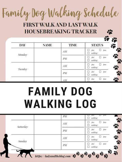 Free Printable Dog Walking Log – How To Set A Schedule And Develop A Routine Dog Feeding And Walking Schedule, Dog Walking Schedule, Walking Schedule, Dog Feeding Schedule, Dog Log, Puppy Checklist, Printables Ideas, Dog Printable, Dog Journal